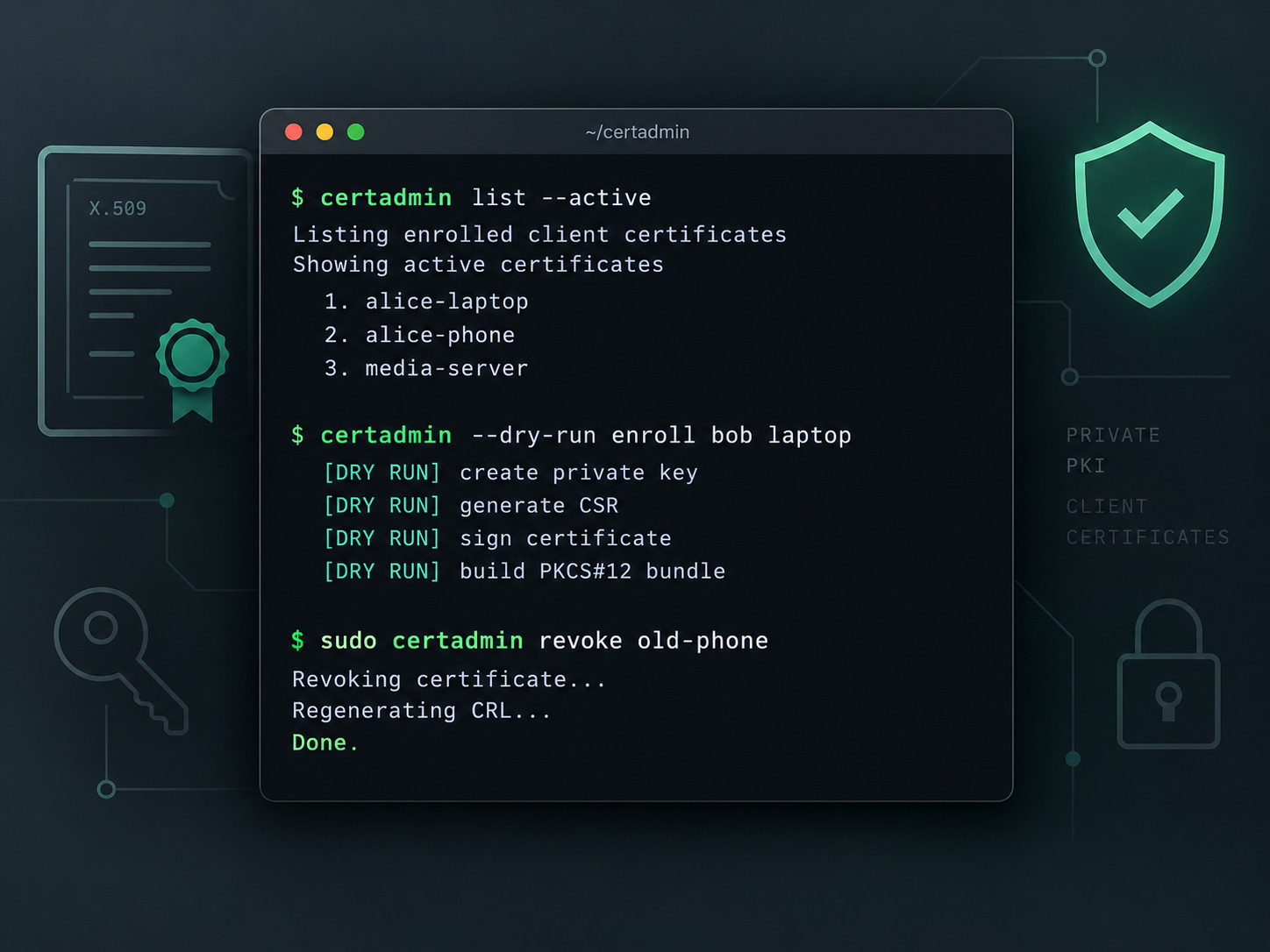 Illustrative reconstruction of a dark terminal showing CertAdmin commands for listing, enrolling, and revoking client certificates, surrounded by subtle certificate and security symbols.