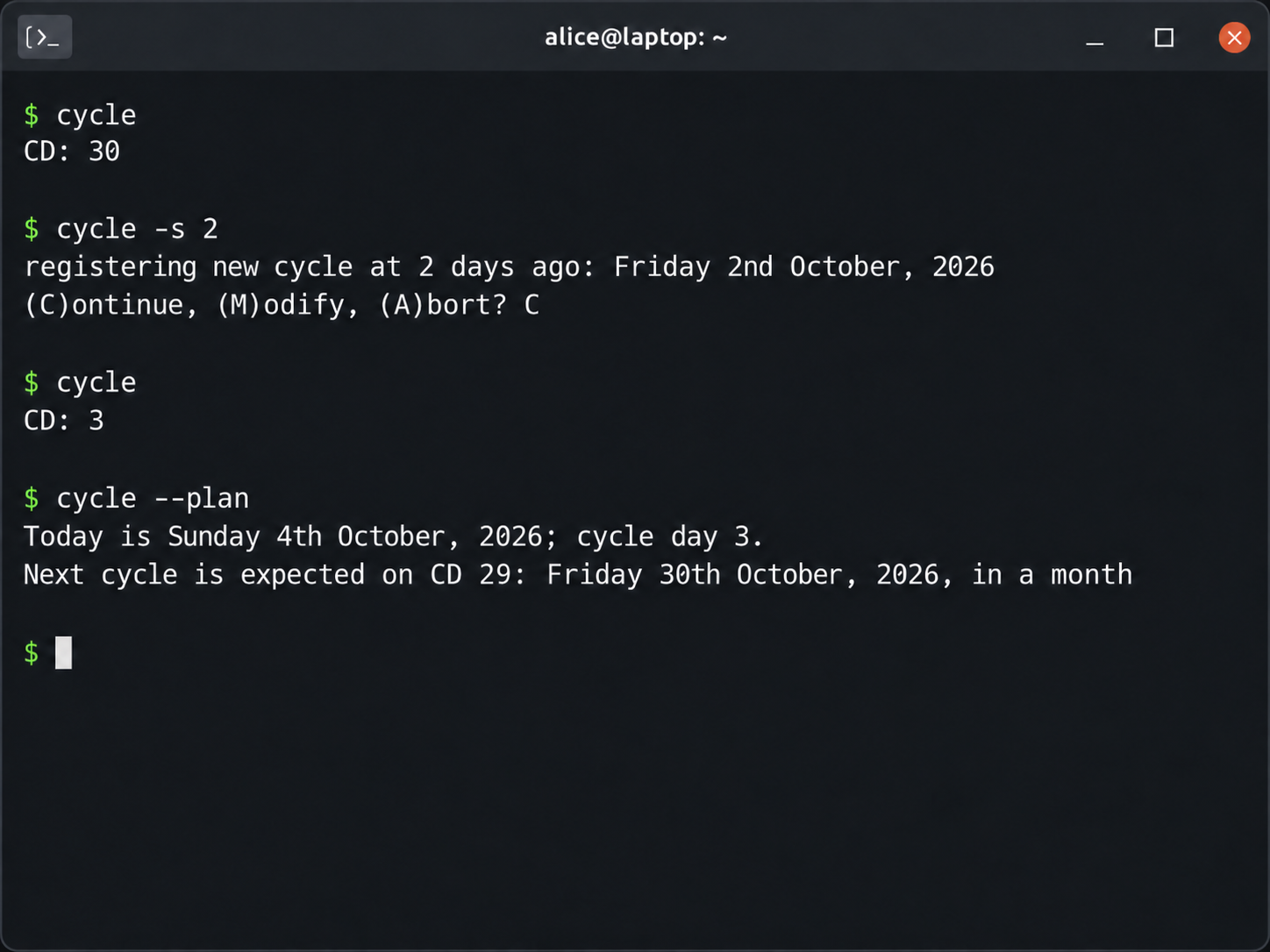 Dark Linux terminal showing the Cycle command-line utility recording a cycle start, reporting the current cycle day, and planning the next expected cycle.
