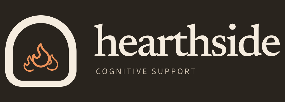 Hearthside cognitive support logo: three orange outline flames within a cream hearth arch.